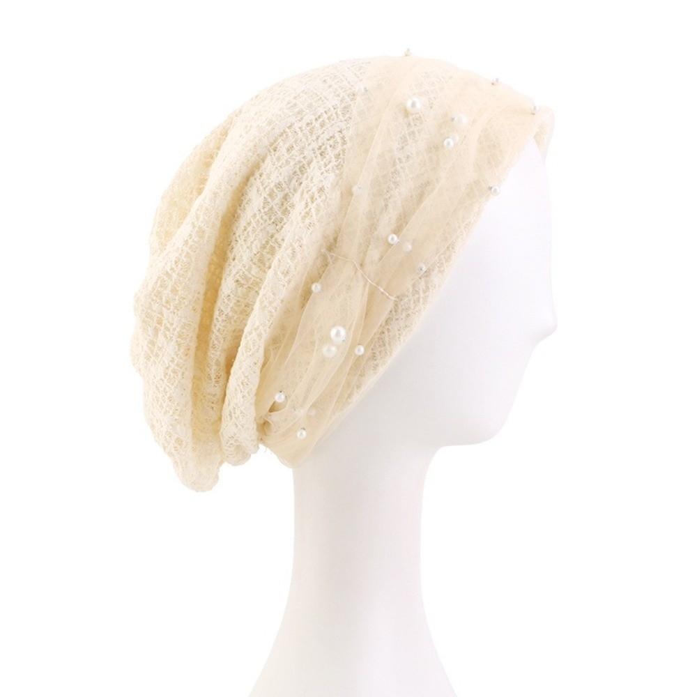 

Headwrap Cotton Muslim Hijab Hats Hollow-out Elasticity Turban Head Wrap Beading Underscarf Hat Hair Protection бежевый