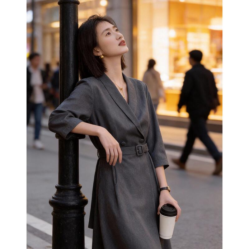 Demana Women's Shawl Collar Double-Breasted A-Line Dress