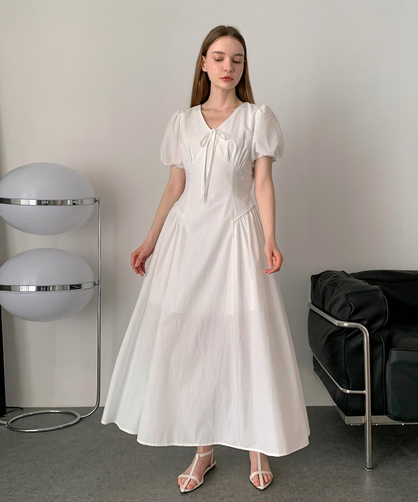Baseukala Shirring Puff Ribbon Long Dress (3Colors)