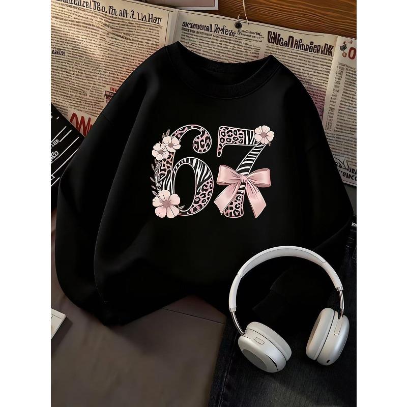 Kids Girls Crewneck Sweatshirt, Leopard Zebra Print Flower Bow Number 67 Long Sleeve Pullover, Cute Birthday Sweatshirt For Kids Over 4 Years Old