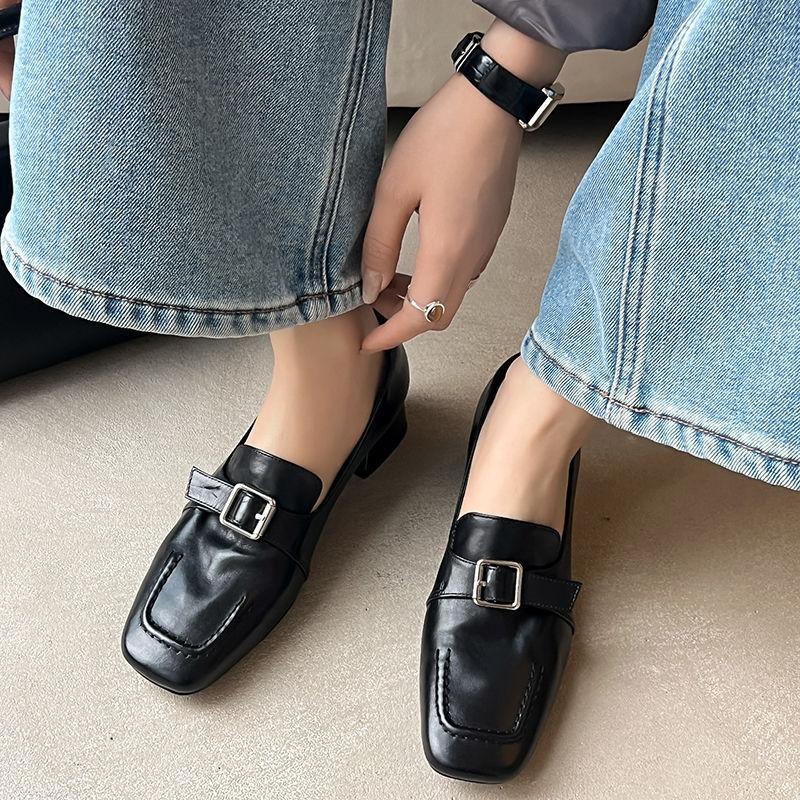 Washed cowhide 34-40 yards 2025 autumn square head middle heel deep mouth single shoes women's shoes square buckle loafers