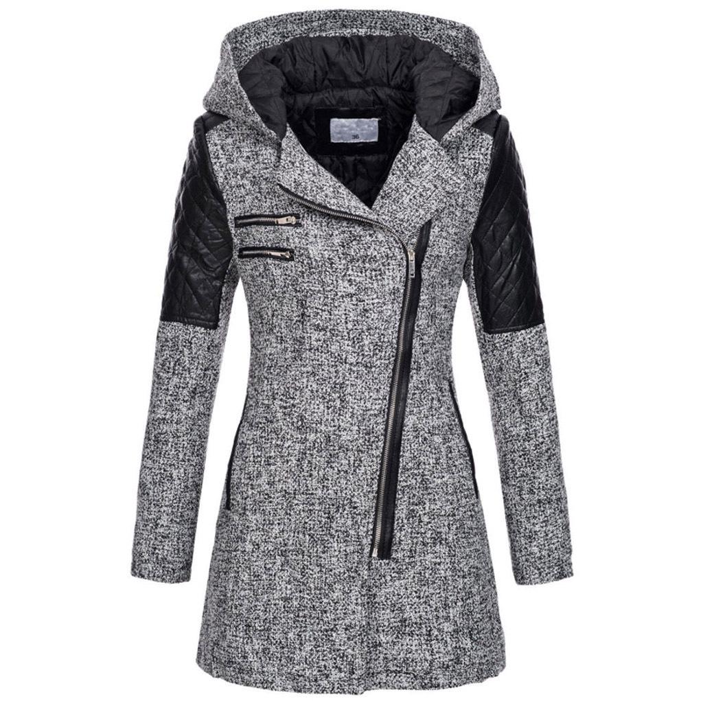 Wollmantel für Damen im europäischen und amerikanischen Stil mit Kapuze und schrägem Reißverschluss – dicker, warmer, mittellanger Windbreaker