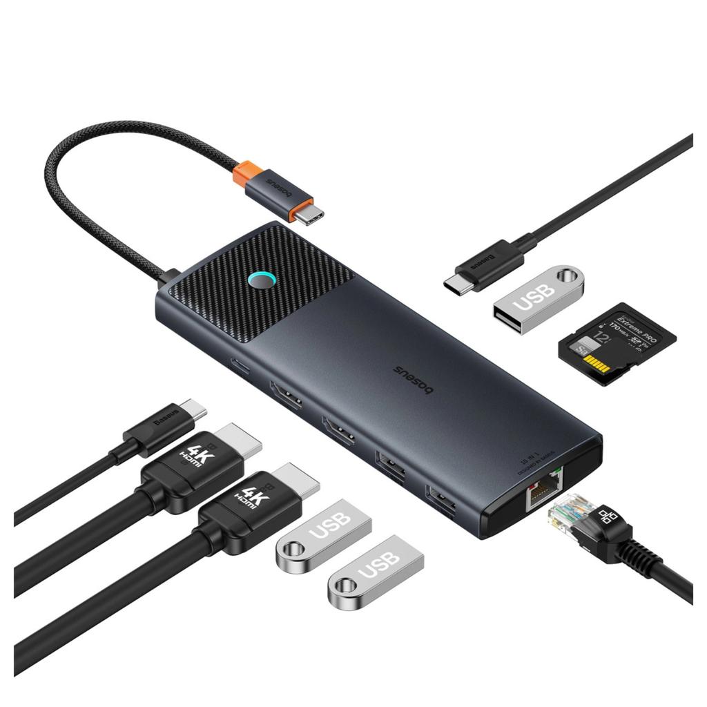 Adapter Hub 10W1 Baseus Usb-C - 2Xhdmi, 3Xusb-A, Usb-C, Rj45, Sd/Tf, Pd (Czarny)