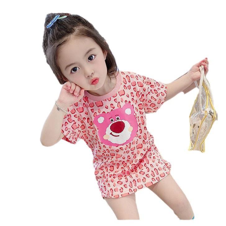 Girls Spring Summer Full Print Cute Strawberry Bear Dress Princess