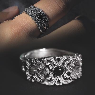 Retro Mongolian Tribal Flower Pattern Open Ring for Men & Women Antique Gothic Adjustable Ring Alloy Silver Plated  Gift