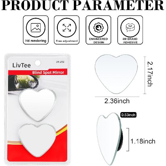 LivTee Blind Spot Mirrors, Heart Shaped HD Glass Frameless Convex Rear View Mirrors, Wide Angle Adjustable Stick for Side Mirror, Automotive Exterior
