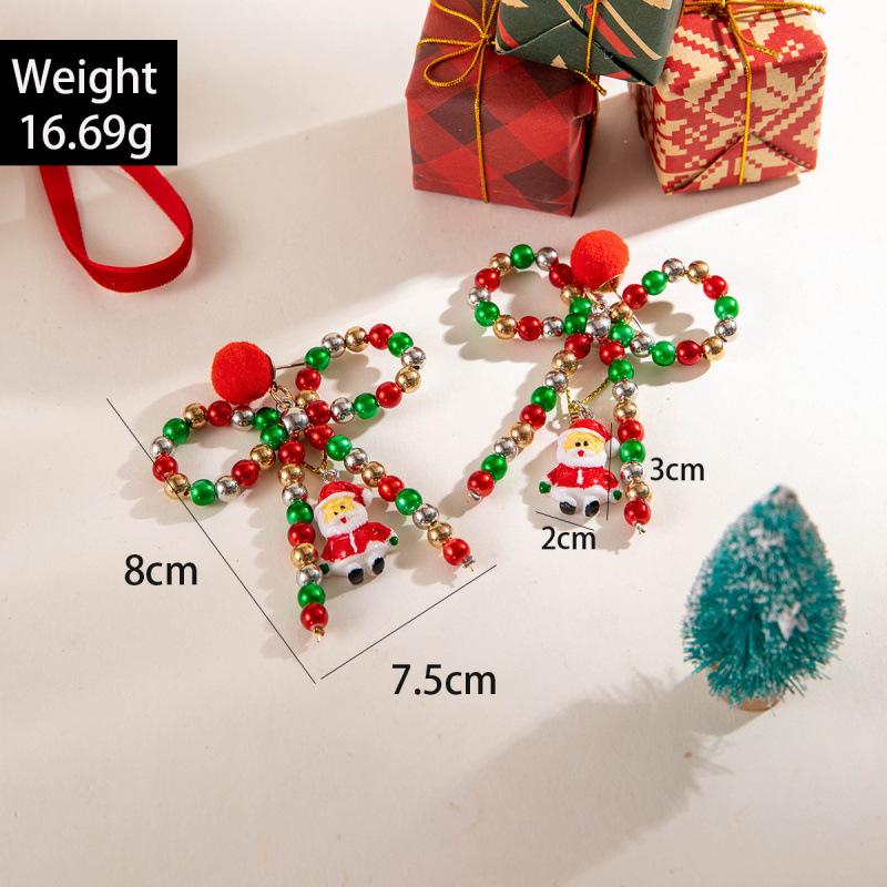 Colored Beaded Bow Hairball Earrings Creative Santa Pendant Christmas Earrings