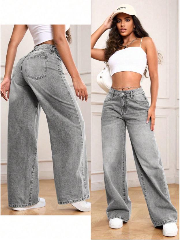 

2026 Spring/Summer Women s Casual Denim Pants with Side Pockets Medium светло-серый