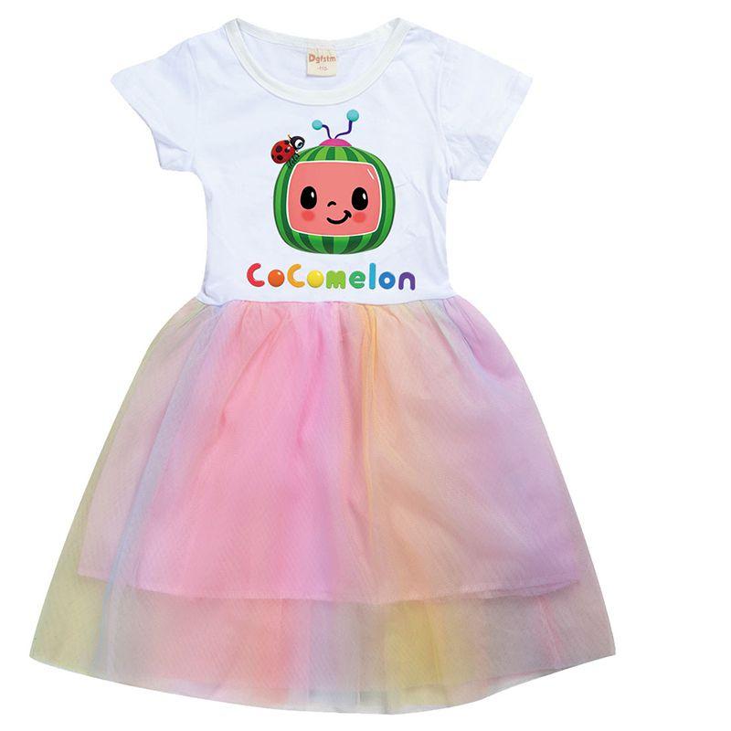 Cocomelon Kinder Mädchen Prinzessinnenkleid Mit Kurzem Ärmel Cartoon Anime Druck Und Atmungsaktivem Netzstoff
