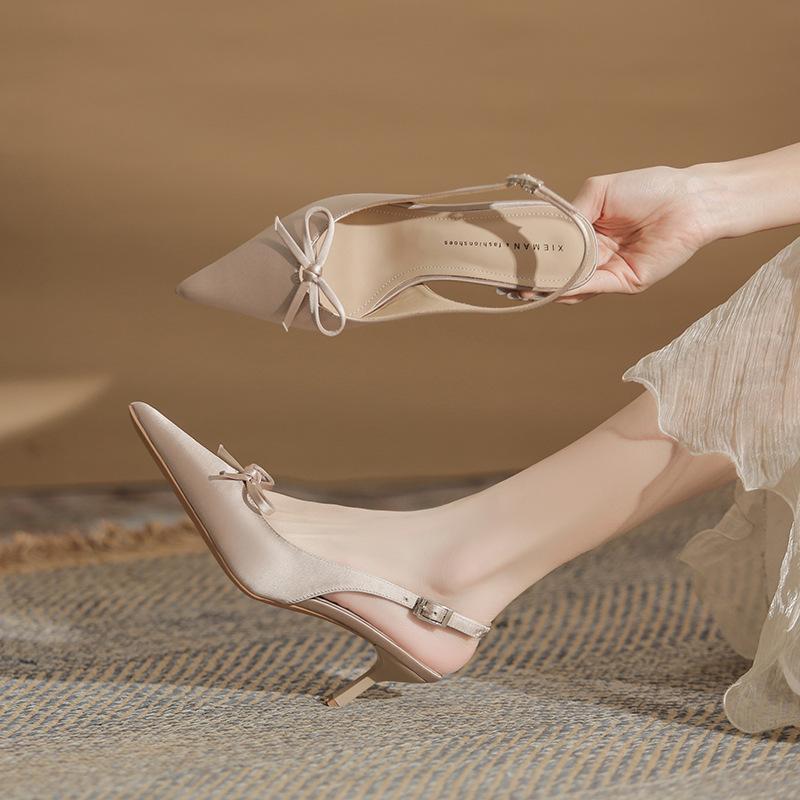 Fashion satin fabric New year's new bow pointed back empty stiletto women's single shoes versatile sandals