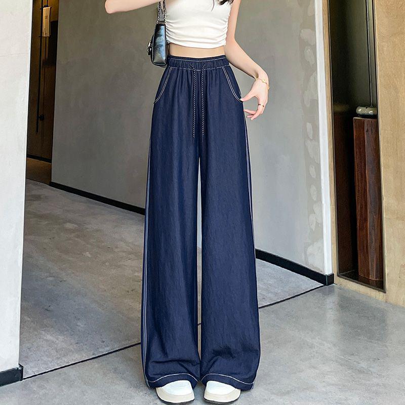 

2026 Women s Summer Blue Wide-Leg Denim Pants - Thin, Floor-Length, Loose Fit, Casual Style S (Recommended 90-100 jin) синий