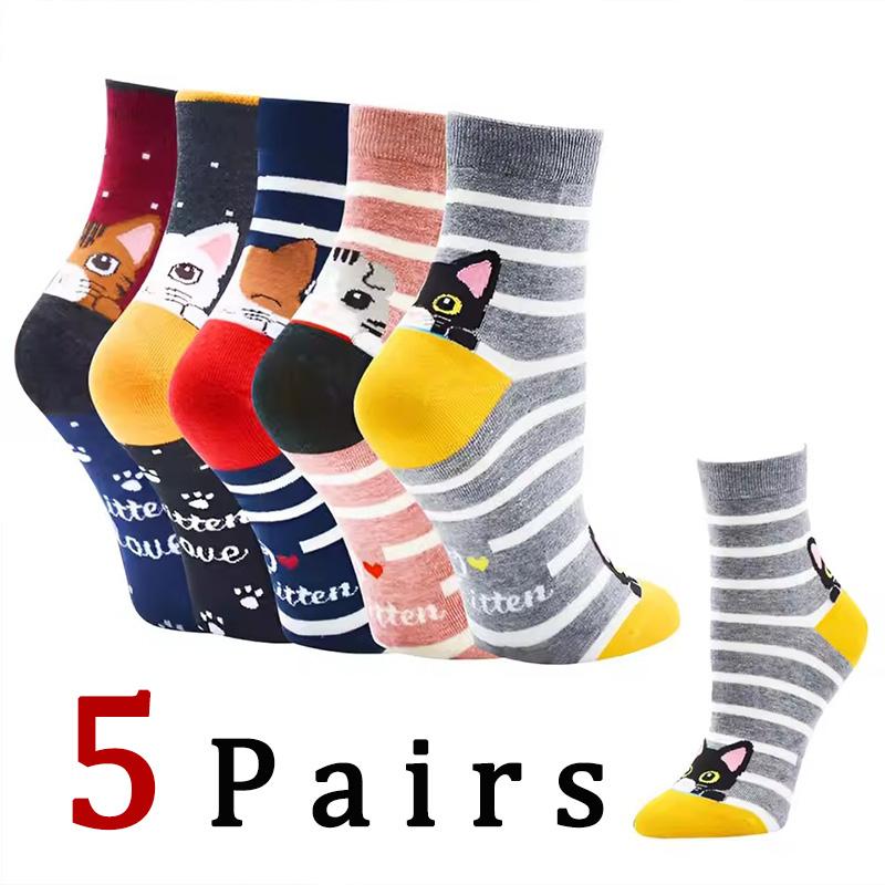 

Botvotee 5 Pairs of Cute Cat Socks Women Cartoon Animal Crew Socks Fun Kitten Cotton Socks Gift Colorful Casual Sock Set One Size