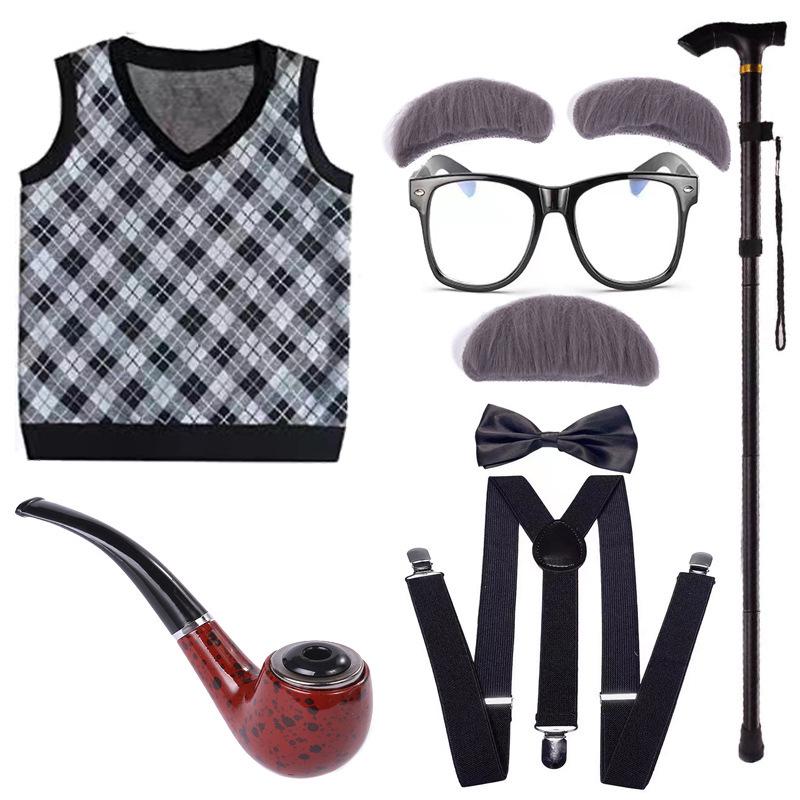 Children's Halloween Grandpa Costume Set with Beard, Scepter, Cigarette Holder, Vest, Bow Tie, and Dress Props for Performances.