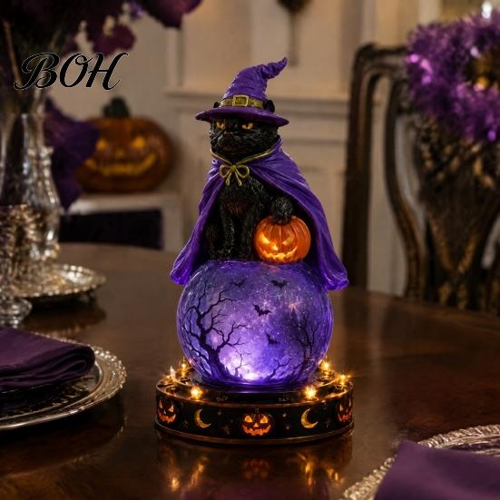 Samlarobjekt i vintagestil med LED-ljus, Halloween-dekor i falsk kristallkula, Hartsfigur av häxa/skelett/katt/spöke med läskig hemdekor
