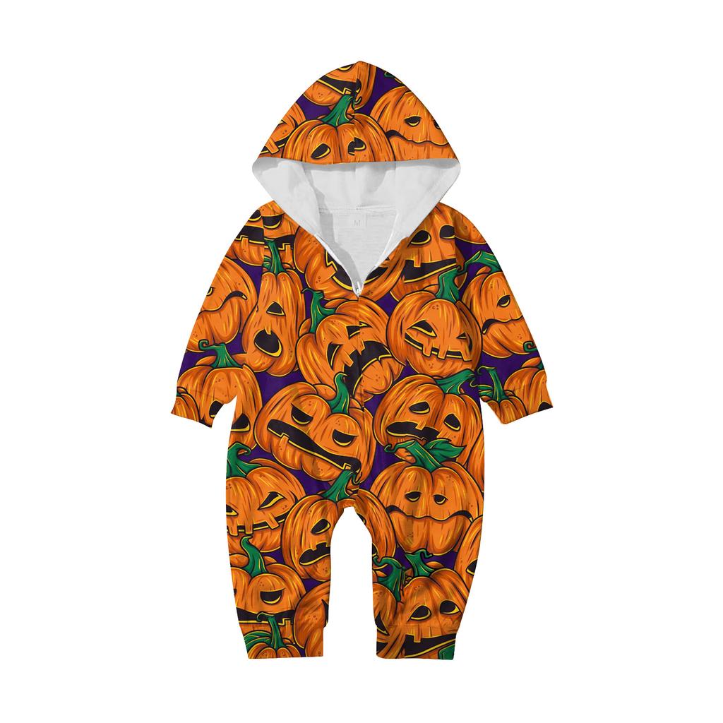 Halloween Printed Family Matching Hooded Long Sleeved Zippered Hooded Jumpsuit Set