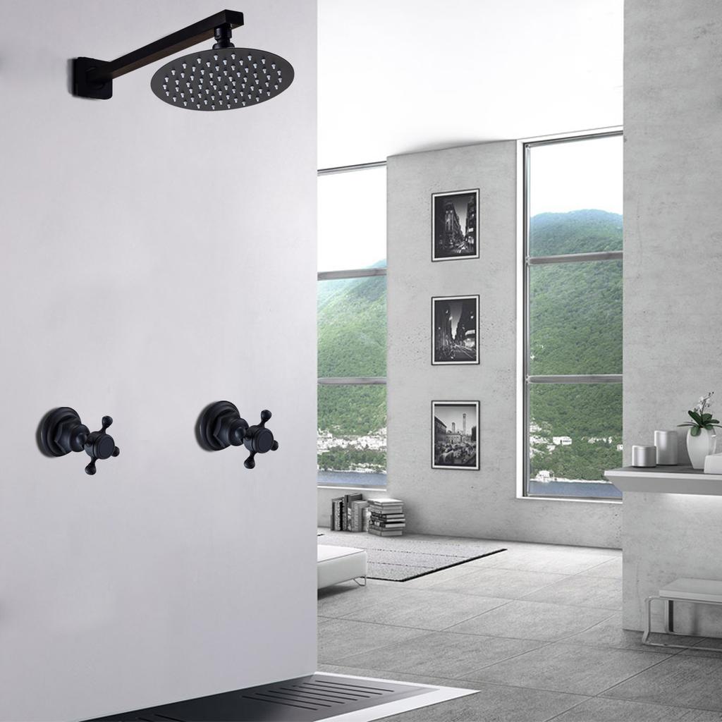 8'' High Pressure Shower Head with 2-Handle Mixer Valve Kit, G1/2" Thread, Wall Mounted Round Rain Shower Faucet Set Black