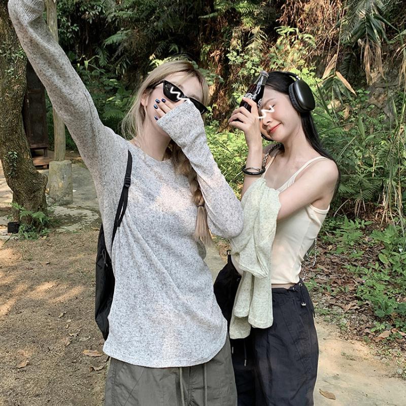 

Gray Knit Sun Protection Cover Up Women Summer Loose Lightweight T Shirt Thin Air Conditioning Top Casual Slightly Sheer Long Sleeve Top S сірий колір