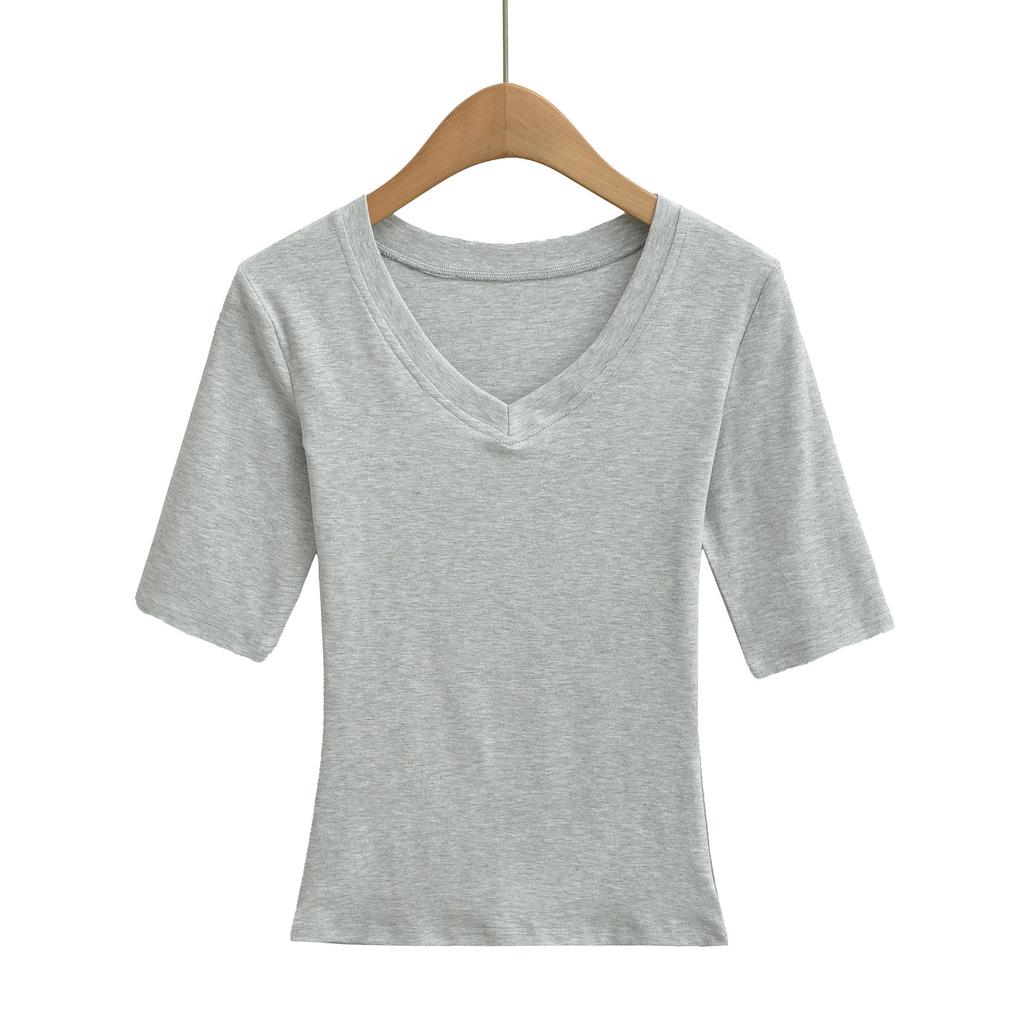 V-neck medium-sleeved T-shirt women's summer new American Spice Girl solid color slim-fitting and thin basic bottoming shirt top