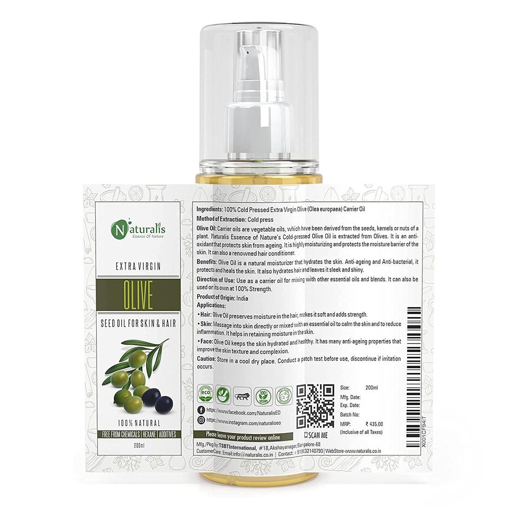 Naturalis Essence Of Nature Cold Pressed Extra Virgin Olive Carrier Oil For Hair, Skin, Face And Massage, 200Ml