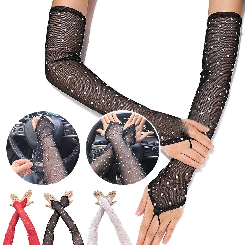 1 Pair Breathable Fingerless Gloves Rhinestone Sunscreen Arm Sleeves Long Elegance Mitten  Women