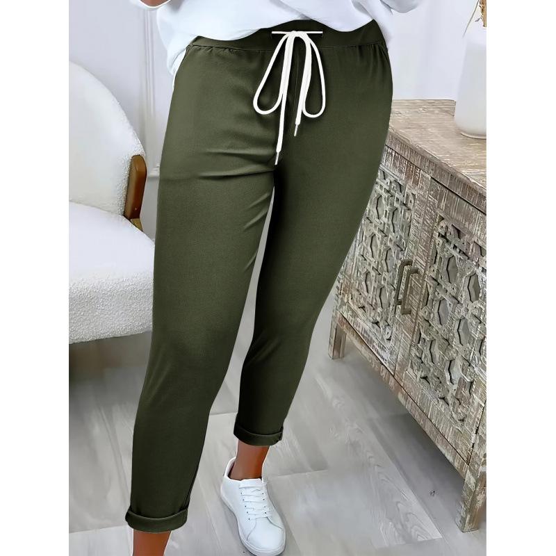 

2025 Women s Solid Color Casual Long Pants with Waist Tie and Cuffed Legs XXL