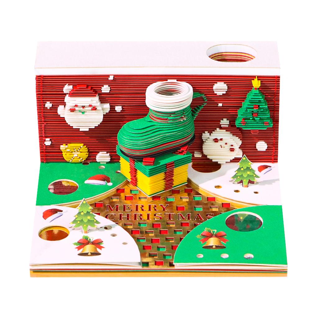 New Products Gift Idea Christmas Ornament Paper Carving 3d Memo Pad with Pen Holder Hole for Novelty Christmas Gift
