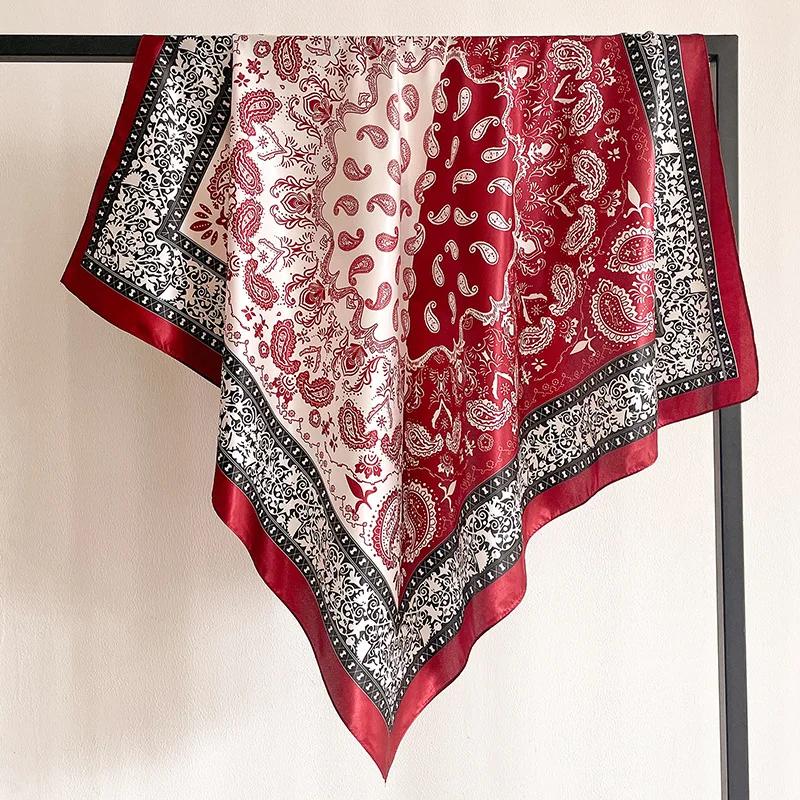 New Spring/Summer Orange Imitation Silk Neckerchief Outdoor Decoration Wraps for Women 90*90cm Cashew Print Square Scarf
