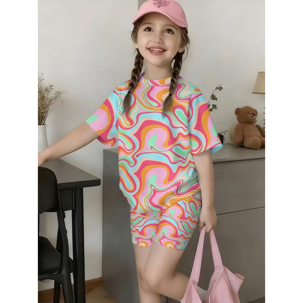 Girls Summer New Casual Floral Print Short Sleeve Top Color Shorts Sweet Style 2‑Piece Children Daily Outdoor Fashion Set