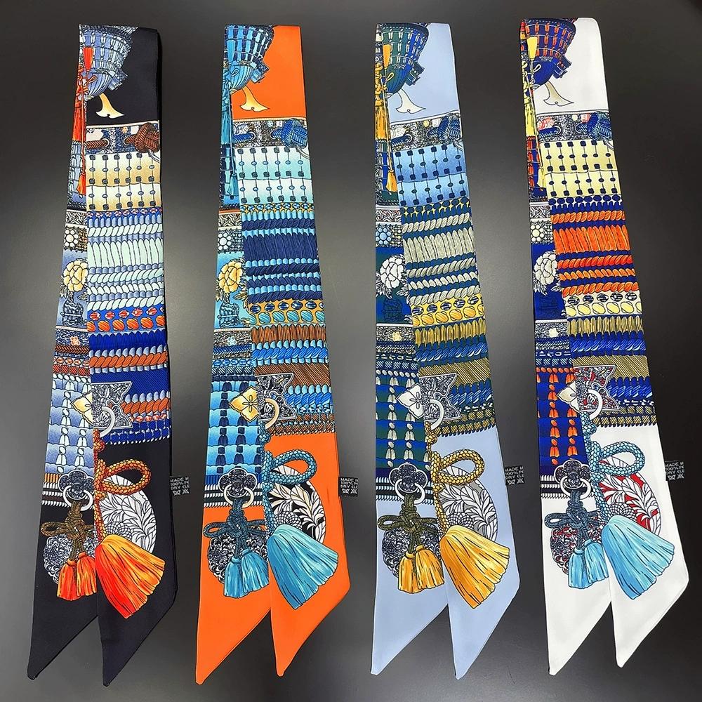 Women Tassel Printing Skinny Bag Scarf Brand Silk Foulard Women Ribbon Neck Tie Scarves For Ladies