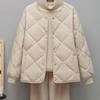 Winter Light Loose Women Down Jacket Rhombus Grid Collarless Round Neck Cotton Padded Small Coat