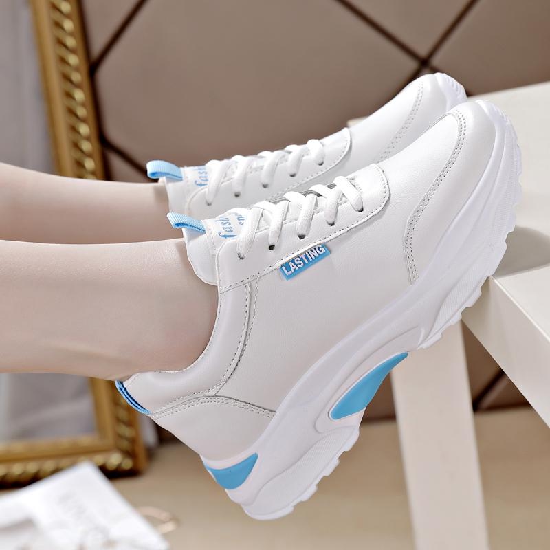 Women PU Leather Chunky Shoes Woman Platform Height Increased Sneakers 4CM Thick Sole Wedges White Casual Comfortable Vulcanized