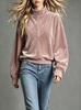 Women's Casual Color Velvet Top with Stand Collar and Long Sleeve - Loose Fit Blouse