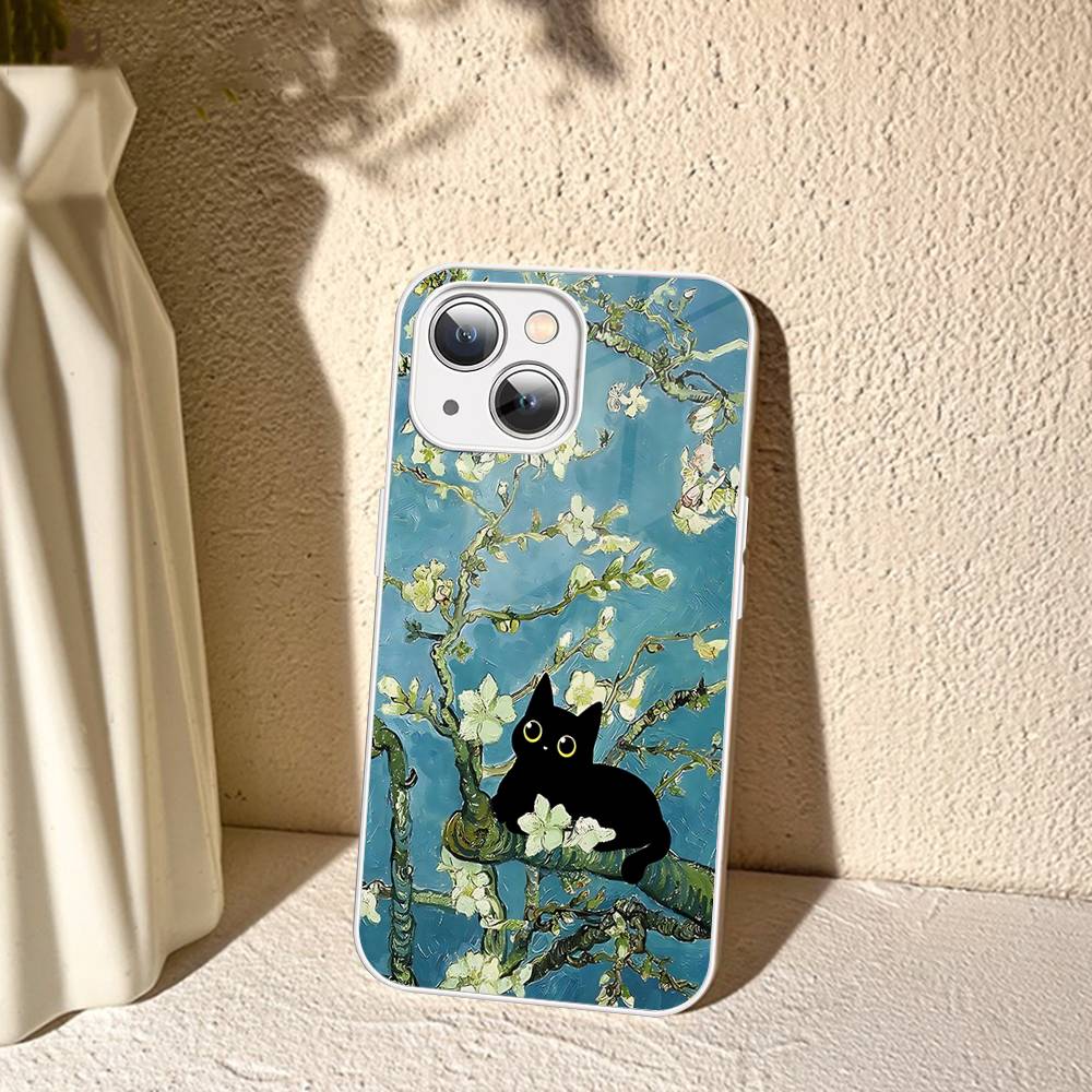 Black Cat Van Gogh Tempered Glass For Iphone 14 13 12 11 Pro Mini XS MAX 14Plus X XS XR Cover
