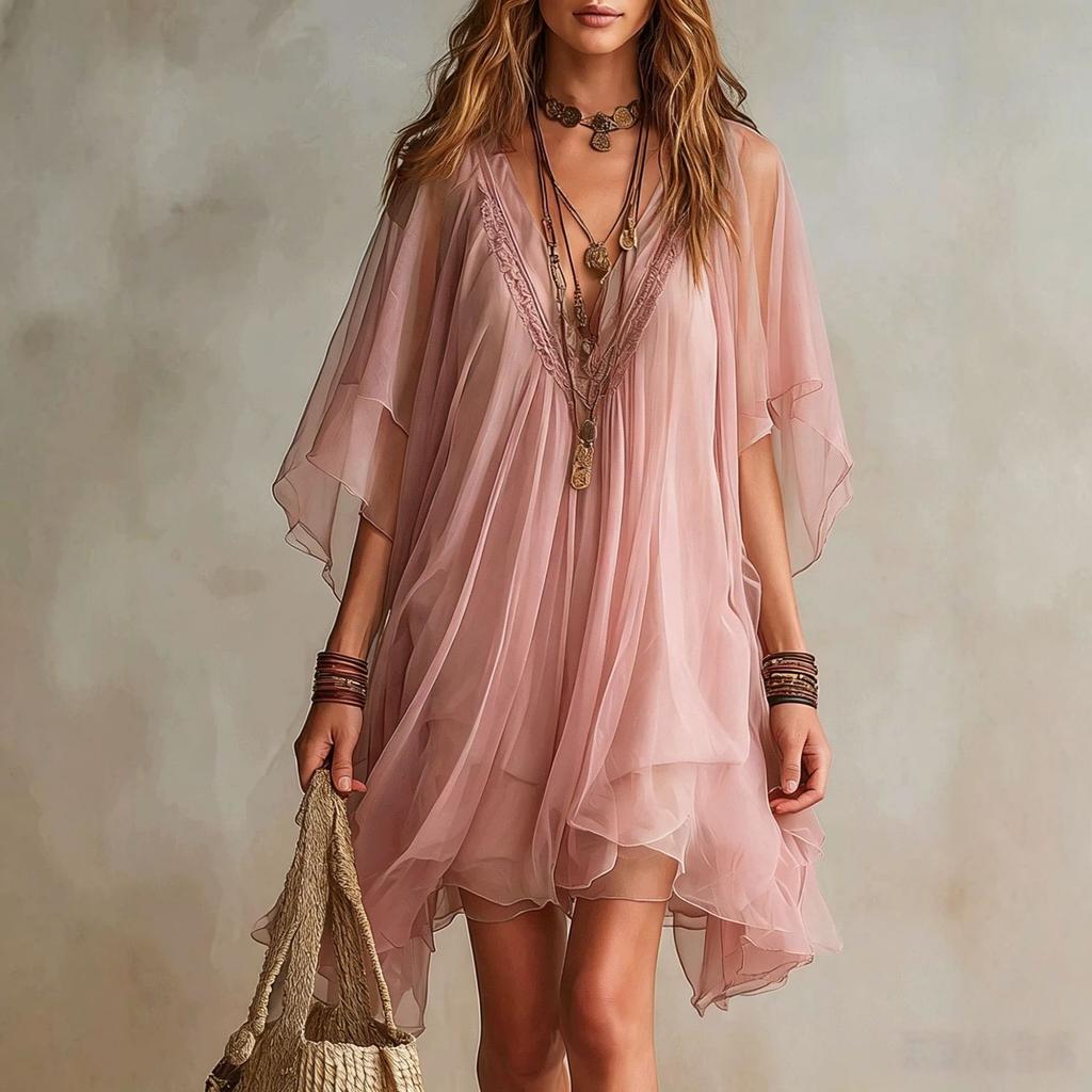 Rochie de plajă tip tunică pentru femei, stil boho, cu decolteu în V, din șifon fluid, cu bordură croșetată