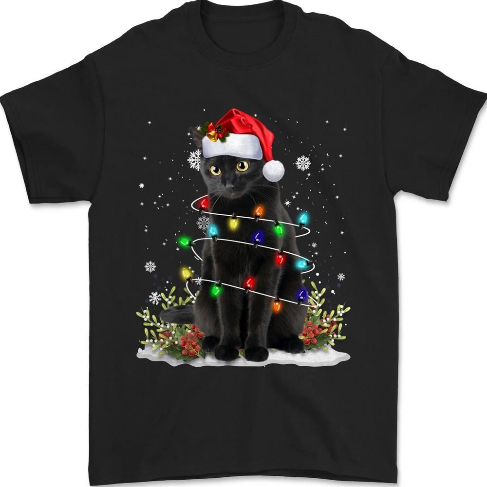 Funny Black Cat Santa Christmas Lights Shirt, Cute Cat Lover Xmas Gift Tee