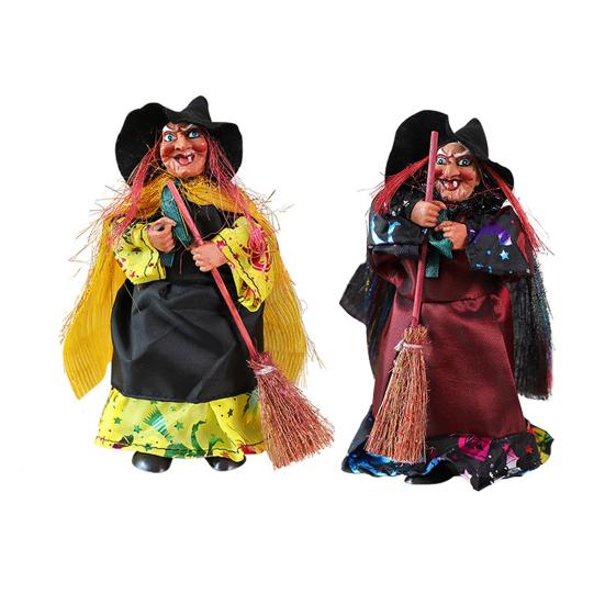 Halloween Witch Doll Standing Witch Figure Holding Broomstick Desktop Spooky Witch Figurine for Halloween Party Mantel Dining Table Decor