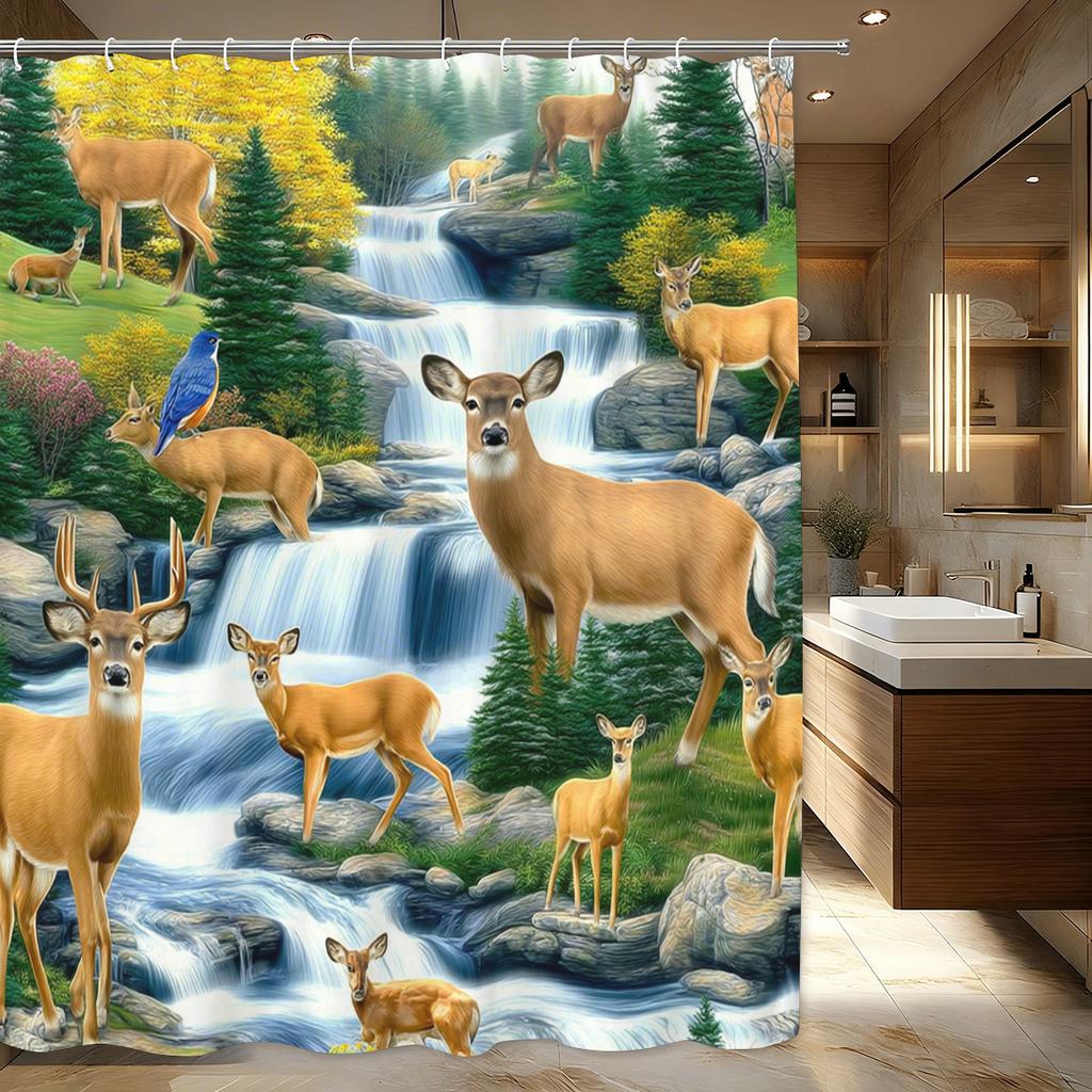 Vibrant Forest & Wildlife Themed Polyester Shower Curtain - Natural Scenery Bath Curtain For Bathroom Decor