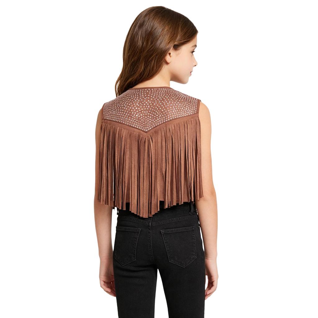 Children‘s Cowboy Fringed Vest Sparkling Rhinestones Sleeveless Open Front Waistcoat for Stage Performance Rodeo Party
