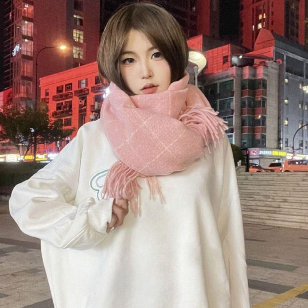 Solid Color Plaid Wool Scarf Tassel Long Shawl Thicken Winter Cashmere Scarves Girl
