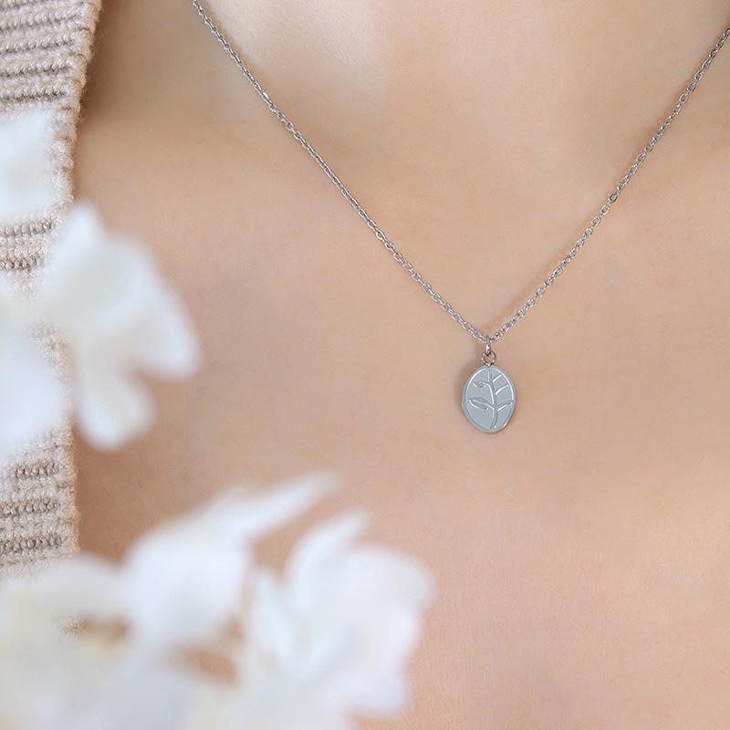 Leaf Oval Pendant Necklace for Women - Gold Plated, Fade-Resistant Titanium Steel