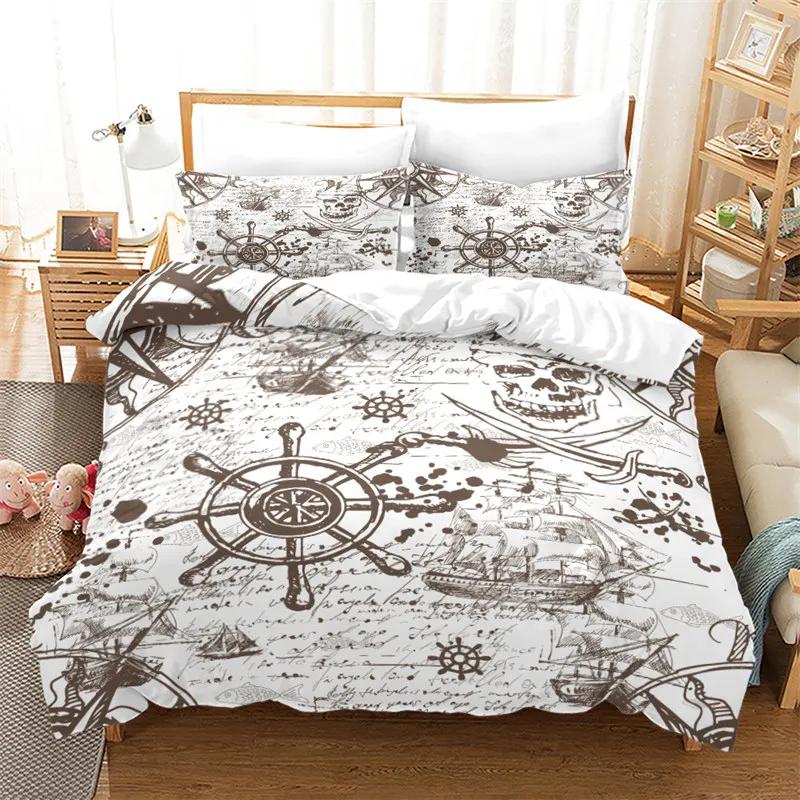 3Pcs Single-Sided Printed Bedding Set ,Comforter Pirate Sailboat Duvet Cover Ocean Bedding Cover Pillows Comfortable Bedspreads