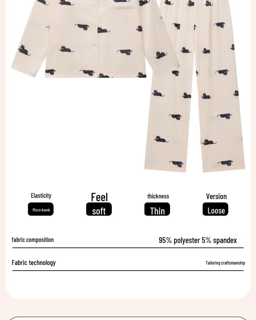 Damen-Eis-Seiden-Pyjama-Set mit Katzenmuster, langärmelig, für Frühling/Sommer - Koreanischer Stil für zierliche Frauen