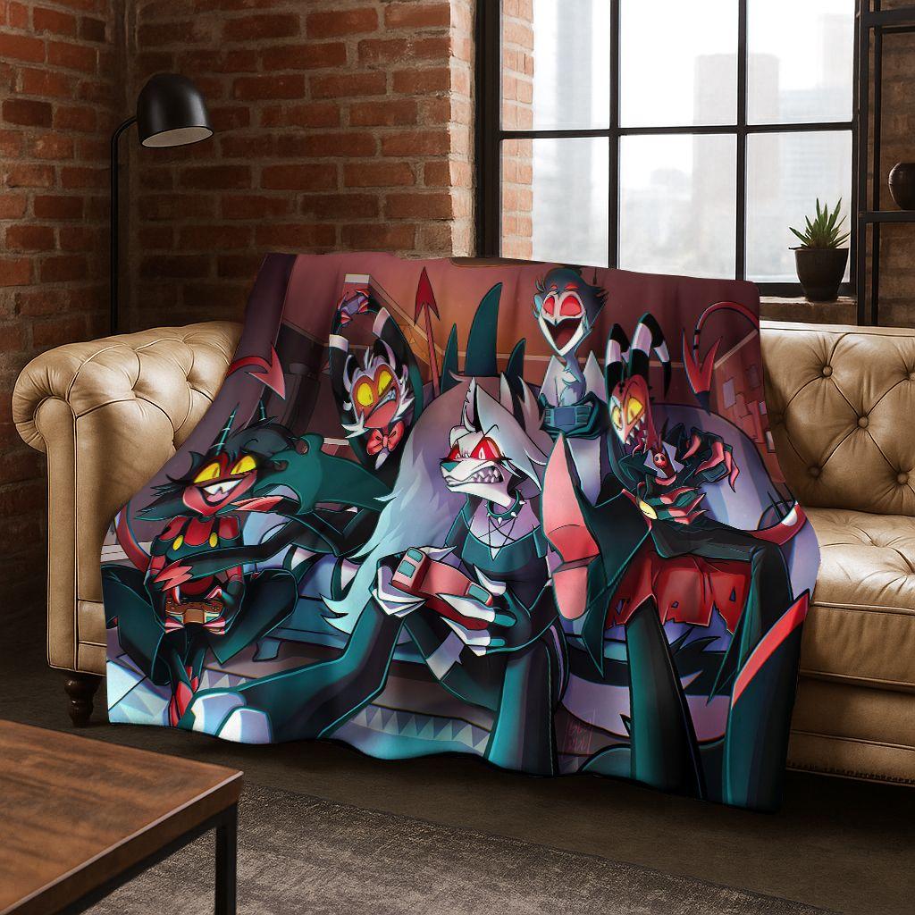 3D H-Helluva Boss Blitzo H-Hazbin Hotel Cartoon Flannel Blanket,Cozy Soft Throw Blanket for Home Bedroom Bed Sofa Cover Gift Kid
