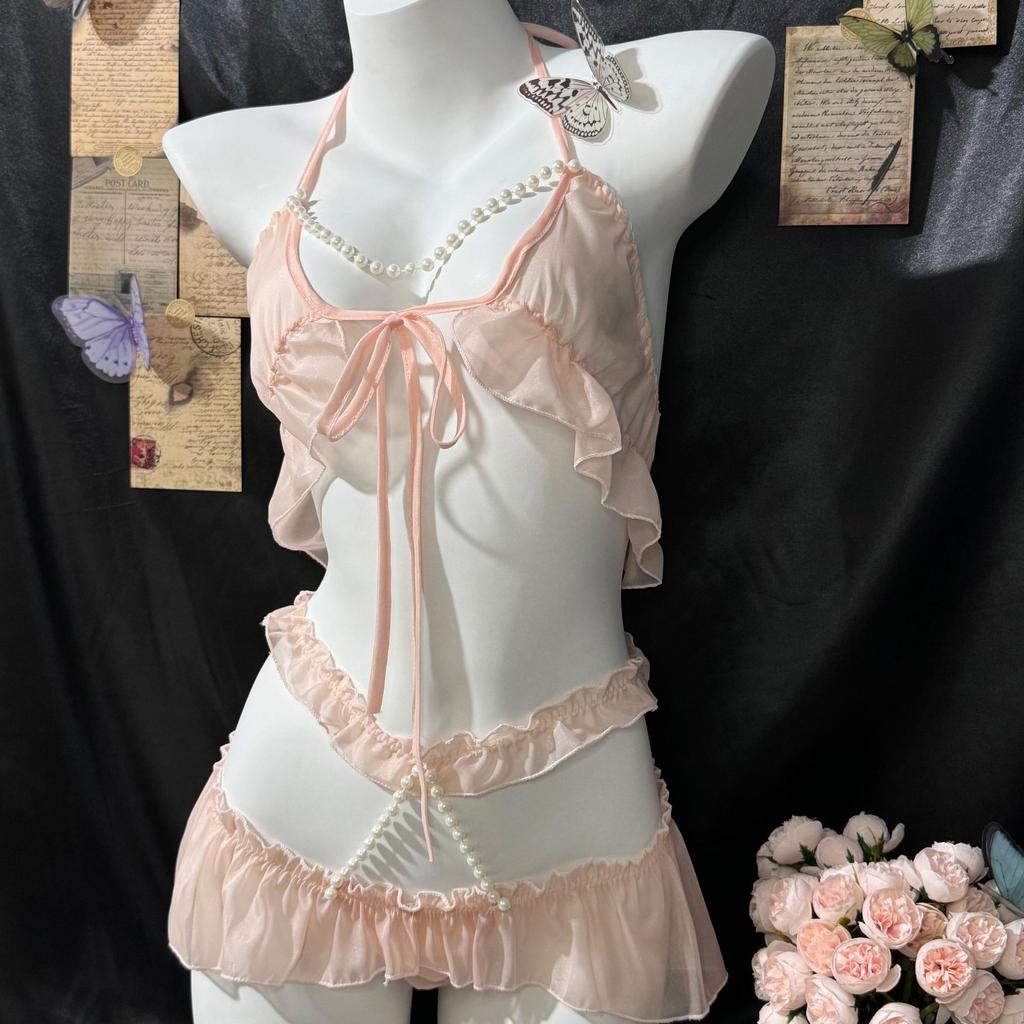 Sexy Underwear Sexy Breast Pearl Neck Three-point Lace Uniform Hip Perspective Cute Woman