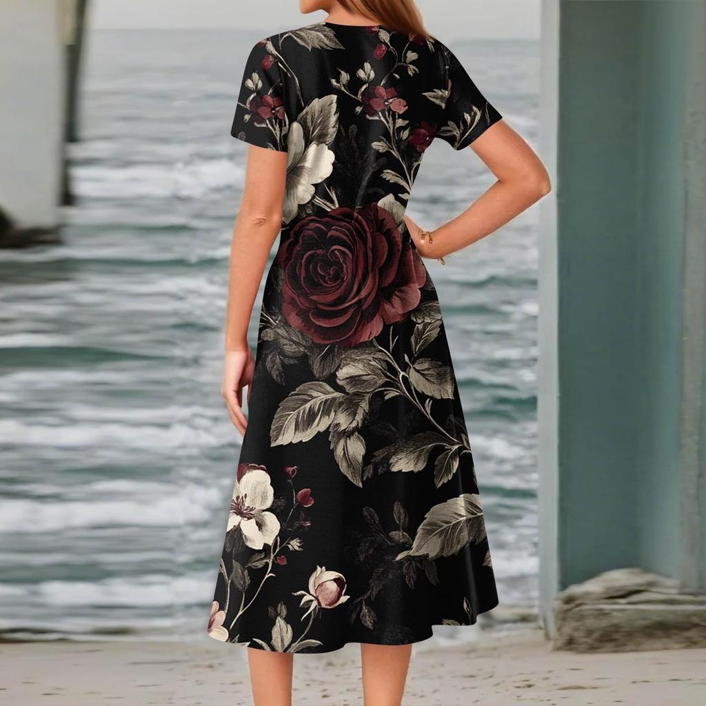 Women's Summer Casual Fashion Print Pocket Short Sleeve V-Neck Swing Dress