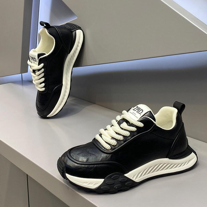 Herbst neue dicke Sohle Low-Top Dad Shoes Leder Schnürung rutschfest Retro Freizeitschuhe