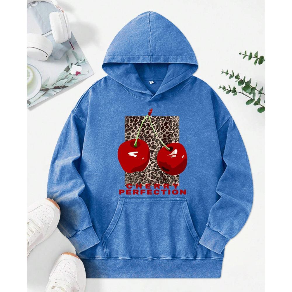 Fashion Leopard And Cherry Perfection Print Women Washed Hoodies Multicolor Hoody Loose Streetwear  Womenwear