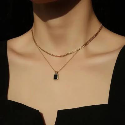 Trend Doppellagige Schwarze Achat Quadratische Halsketten Neu in Schlichtheit und Luxus Hochwertige Kragenkette Party Choker Zirkon Geschenk