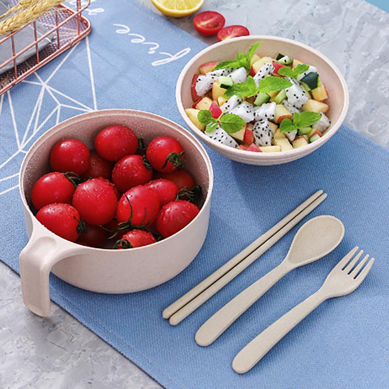5Pcs Wheat Straw Multifunctional With Lid Bowl Spoon Fork Chopsticks Eating Dinnerware Set Anti- Bowl Microwavable Bowl