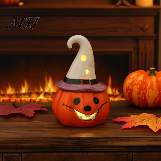 Small Ceramic Halloween Figurine Tealight Holder, Lighted Ghost Pumpkin with Cute Room Decoration Witch Hat, Tiered Tray Tabletop Decor for